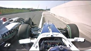 Schumacher Squeezes Barrichello  2010 Hungarian Grand Prix [upl. by Namruht]