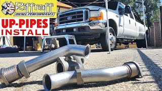 2001 F350 73  RiffRaff UpPipes Install  Stock up pipes leaking and falling apart JUNK SP [upl. by Aniryt850]